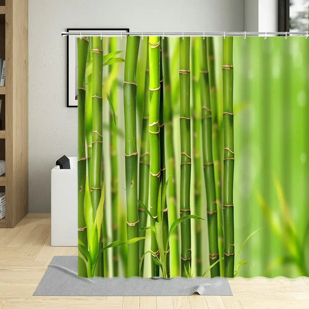 Bamboo Pattern Waterproof Shower Curtain – Mold proof & Eco-Friendly with Hooks