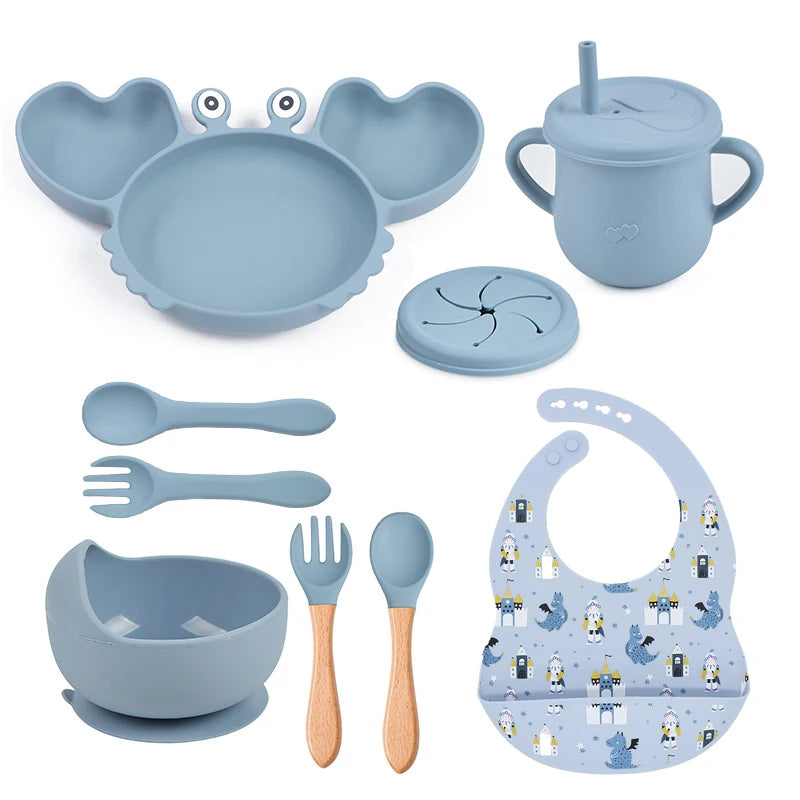 9-Piece Baby Silicone Feeding Set | BPA-Free Non-Slip Suction Bowl & Plate | Waterproof Bib & Cup