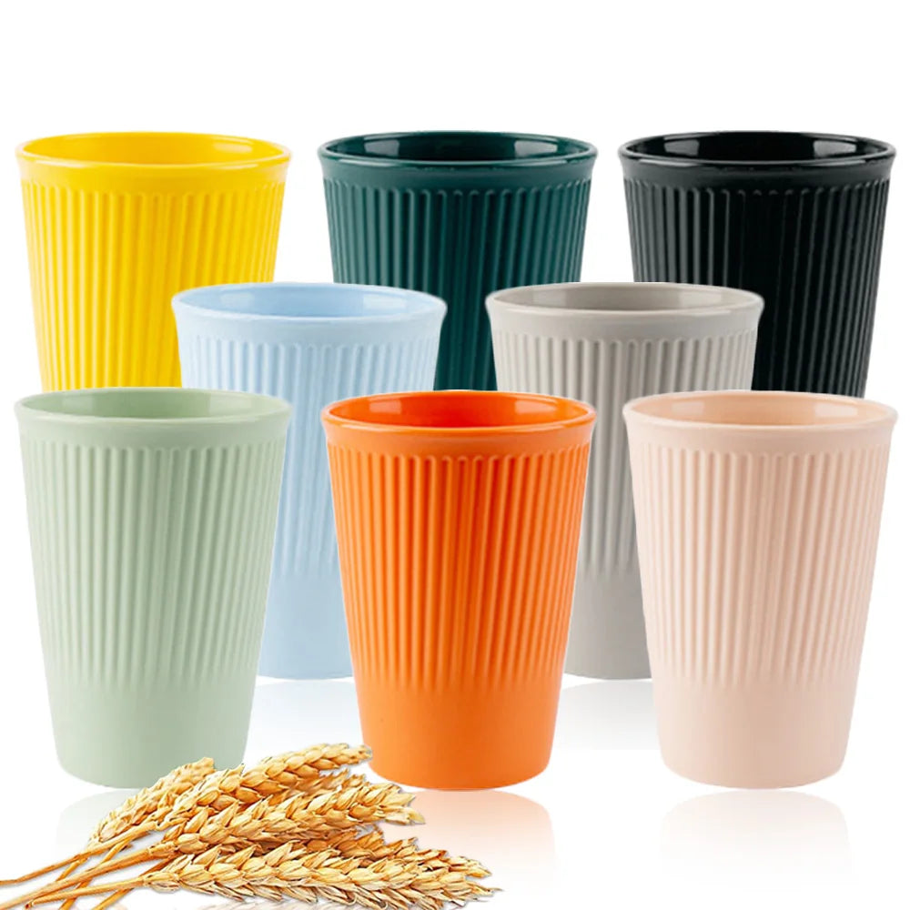 8Pcs Wheat Straw Coffee & Water Cups – Eco-Friendly Reusable Plastic Mugs for Home & Travel