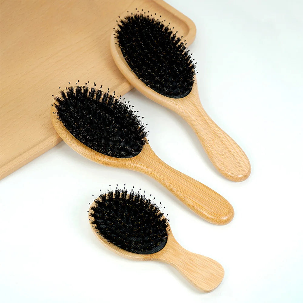 Natural Bamboo Hair Brush – Boar Bristle & Wooden Air Cushion Comb | Eco-Friendly Detangler for Smooth & Healthy Hair