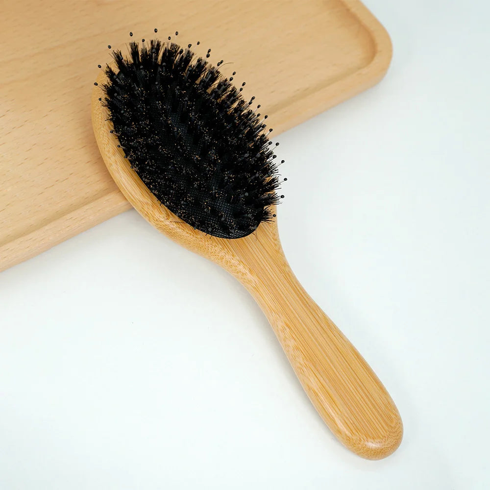 Natural Bamboo Hair Brush – Boar Bristle & Wooden Air Cushion Comb | Eco-Friendly Detangler for Smooth & Healthy Hair