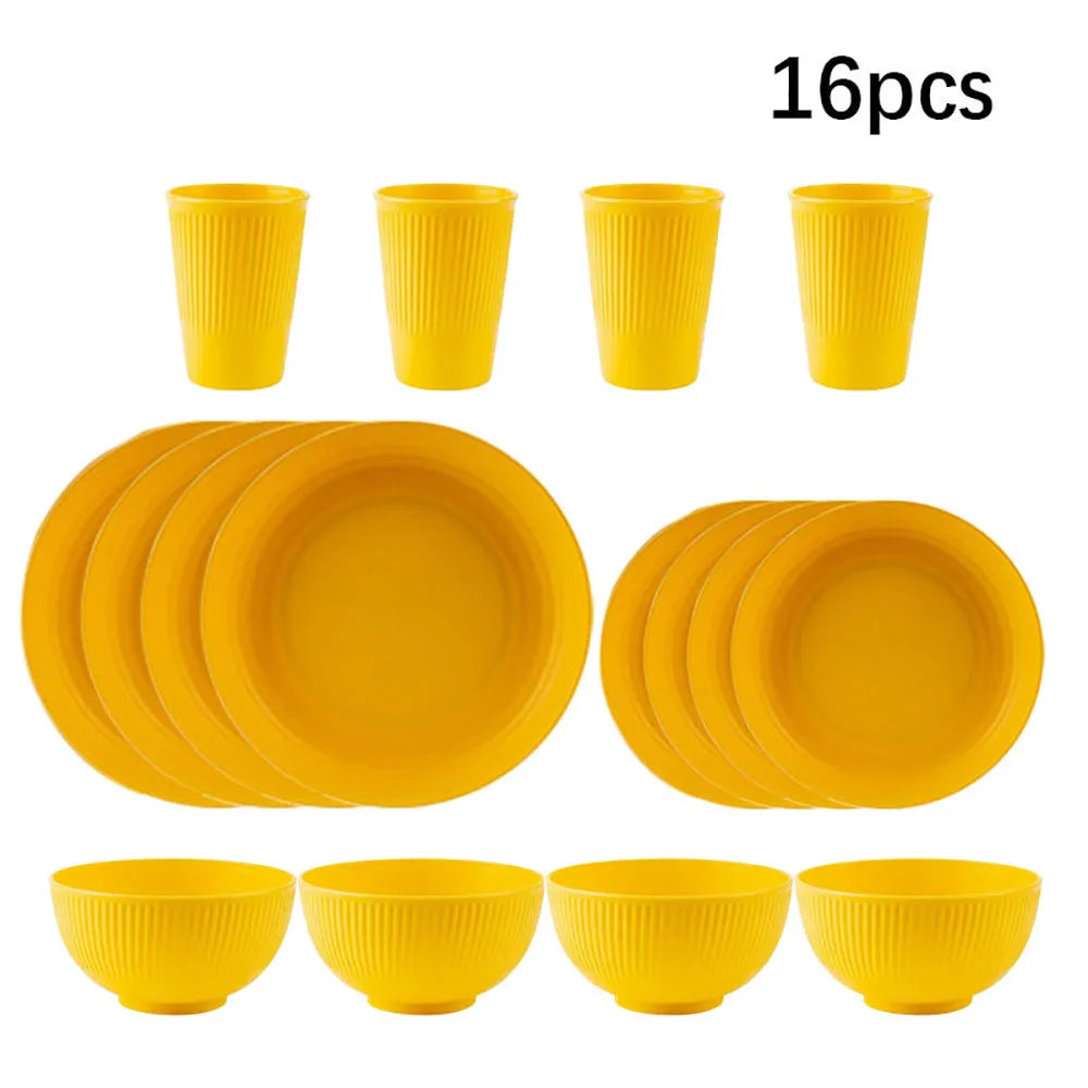 Grey Wheat Straw Dinnerware Set | Eco-Friendly 4Pcs/16Pcs Bowl, Cup, and Dish Set | Portable Tableware Kits for Home, Party, Picnic & Camping | Sustainable Dining