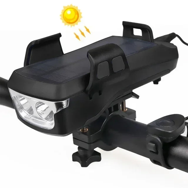 4-in-1 Solar Bike Light – Phone Holder, 130dB Horn, Power Bank & Waterproof LED Headlight