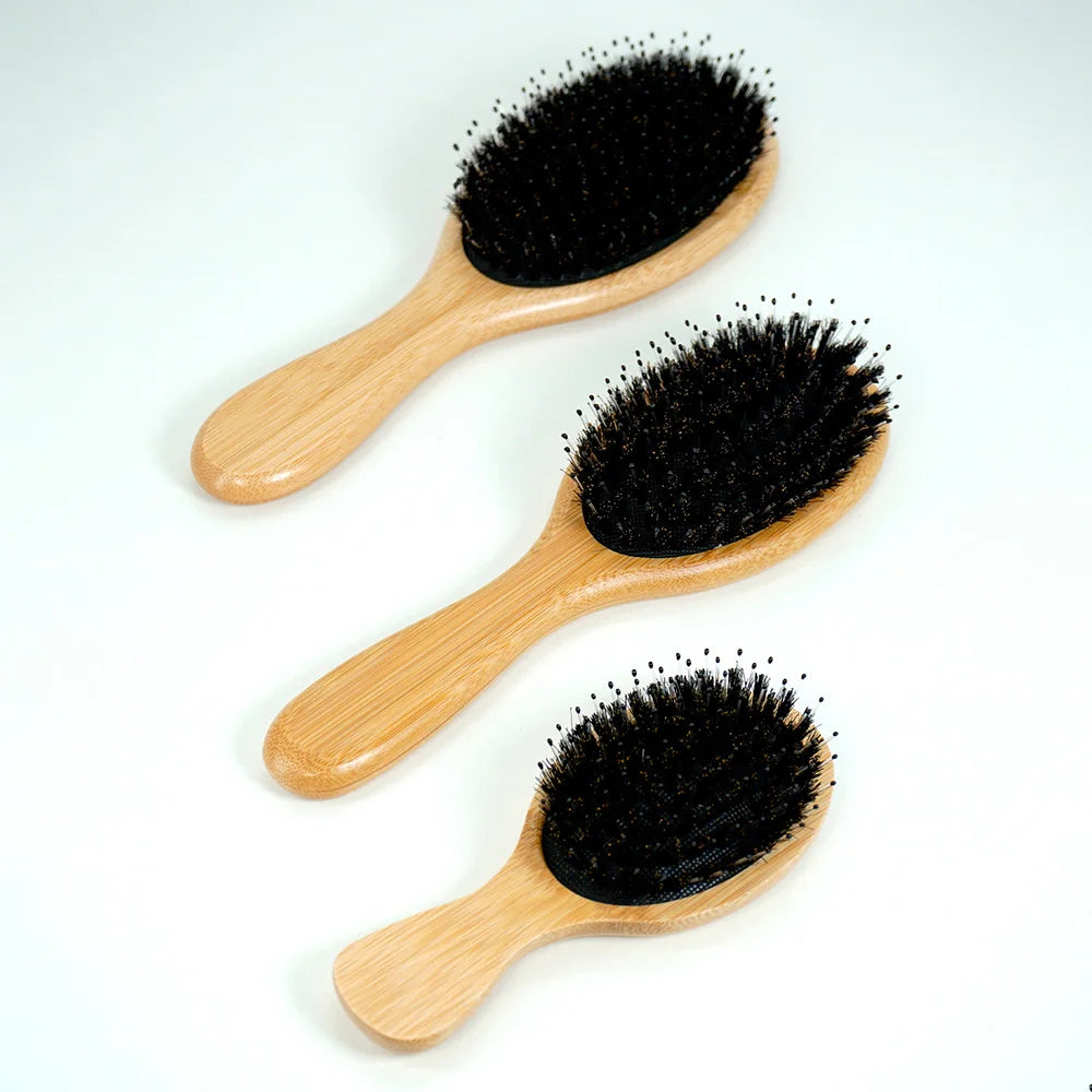 Natural Bamboo Hair Brush – Boar Bristle & Wooden Air Cushion Comb | Eco-Friendly Detangler for Smooth & Healthy Hair