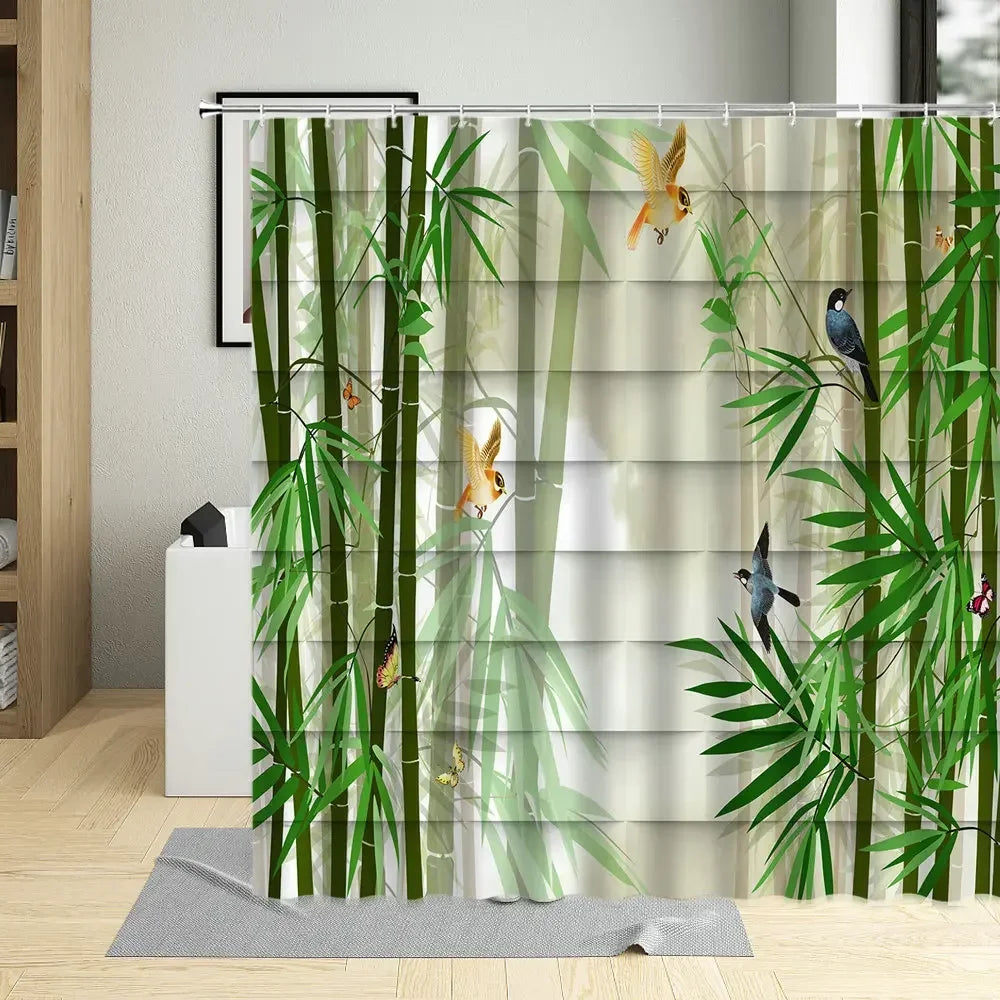 Bamboo Pattern Waterproof Shower Curtain – Mold proof & Eco-Friendly with Hooks