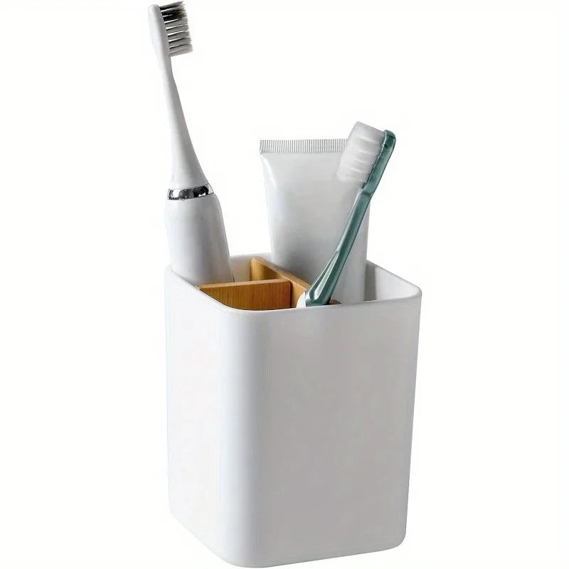 Eco-Friendly Bamboo Toothbrush Holder | 3-Slot Toothpaste & Brush Organizer | Bathroom Counter Storage