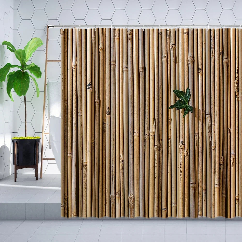 Bamboo Pattern Waterproof Shower Curtain – Mold proof & Eco-Friendly with Hooks