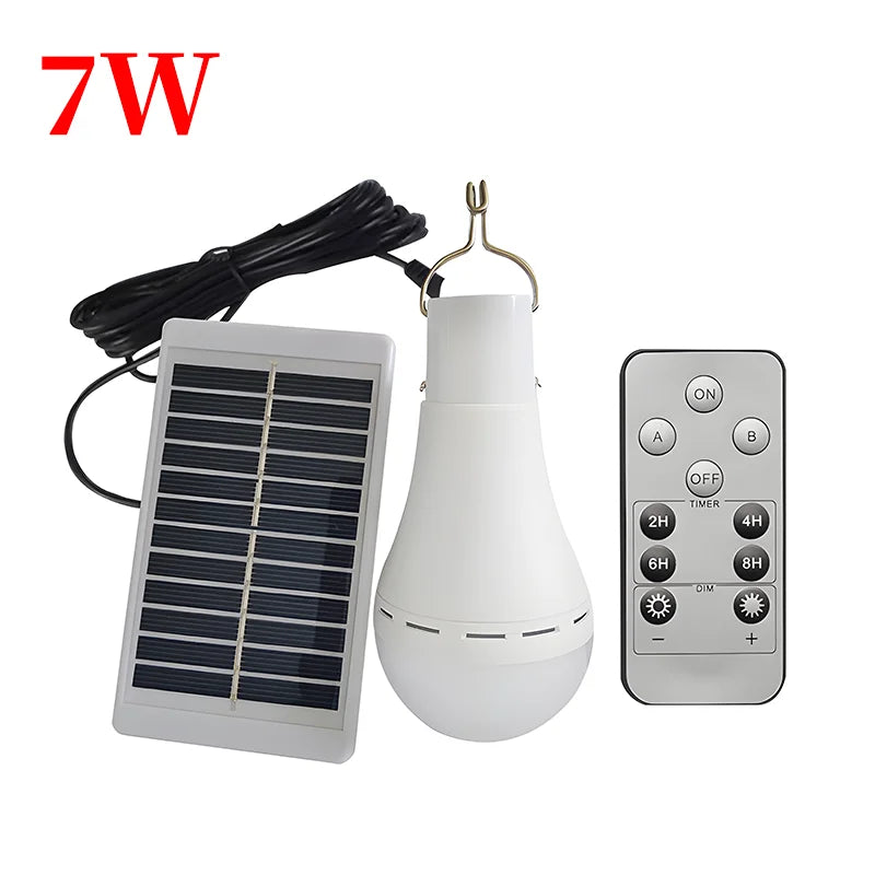 LED Solar Bulb Light – Outdoor Solar Lamp with Dimmable Brightness, Remote Control, Emergency SOS, Waterproof, Portable Camping Lantern & Power Bank