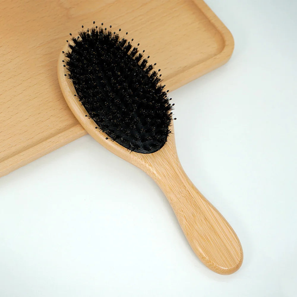 Natural Bamboo Hair Brush – Boar Bristle & Wooden Air Cushion Comb | Eco-Friendly Detangler for Smooth & Healthy Hair