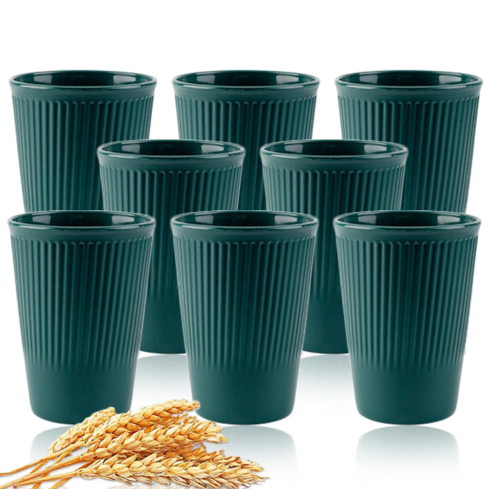 8Pcs Wheat Straw Coffee & Water Cups – Eco-Friendly Reusable Plastic Mugs for Home & Travel