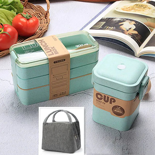 Eco-Friendly Wheat Straw Bento Lunch Box | 3-Layer Microwave Safe Food Storage Container with Spoon/Chopsticks | Leakproof & Portable