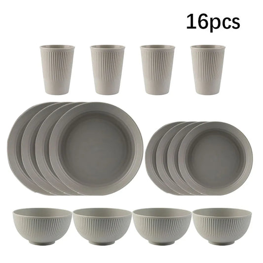 Grey Wheat Straw Dinnerware Set | Eco-Friendly 4Pcs/16Pcs Bowl, Cup, and Dish Set | Portable Tableware Kits for Home, Party, Picnic & Camping | Sustainable Dining