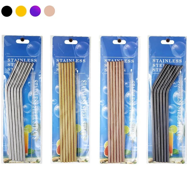 6PCS Reusable Stainless Steel Straws | 304 Metal Drinking Straws | Straight & Bent with Cleaning Brush & Case | Eco-Friendly Bar & Party Accessory