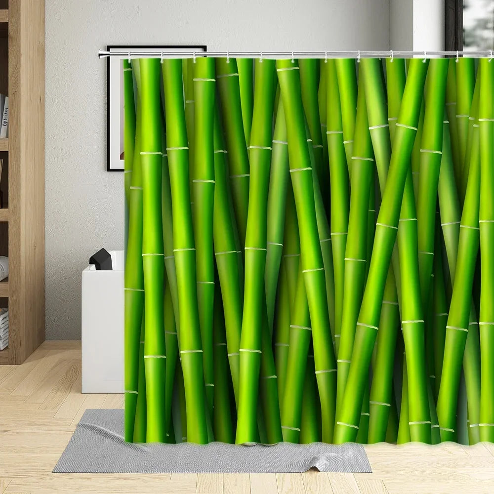 Bamboo Pattern Waterproof Shower Curtain – Mold proof & Eco-Friendly with Hooks