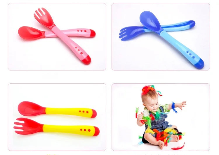 Baby Temperature Sensing Spoon & Fork Set | Soft Silicone | BPA-Free | Safe Self-Feeding