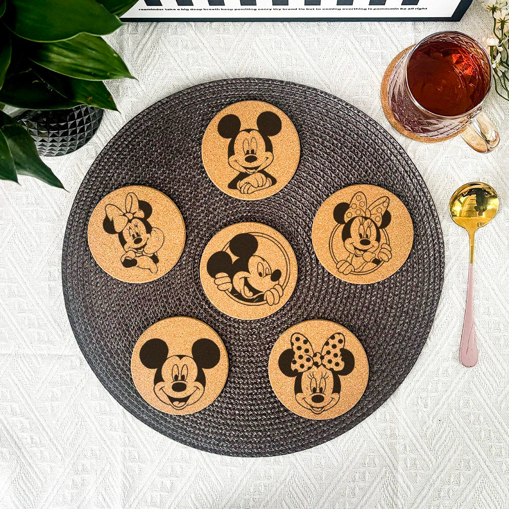 Mickey & Minnie Mouse Engraved Cork Coasters – Eco-Friendly Drink Mats (Set of 6)