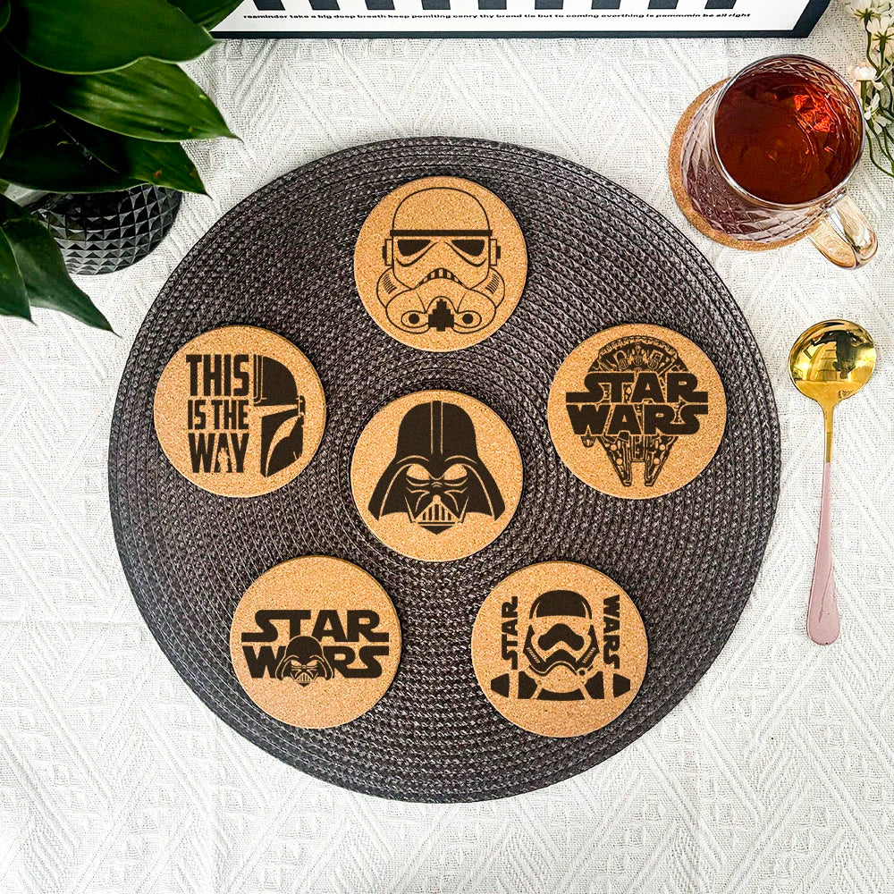 Star Wars Engraved Cork Coasters – Eco-Friendly Drink Mats for Coffee, Tea & More (Set of 6)