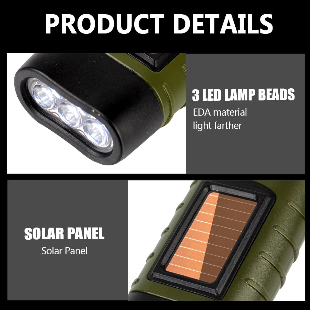 LED Hand Crank Flashlight – 1000 Lumens, Solar & Manual Charging, Waterproof, Self-Defense & Shock-Resistant, 200-500m Lighting Distance