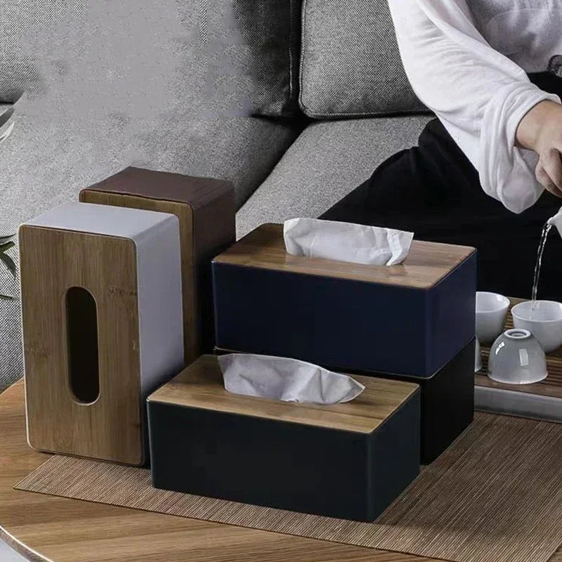 Stylish Tissue Box with Bamboo Cover – Elegant Napkin Holder for Home & Hotel Décor