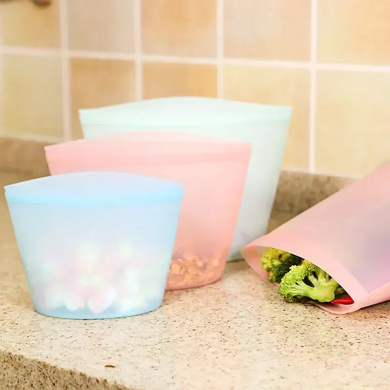 Reusable Silicone Food Storage Bags | Double Gauge Zipper Leakproof | High Temperature Resistant, Flexible & Non-Cracking | 500ml/1000ml | Eco-Friendly Fresh-keeping Bags for Kitchen Storage