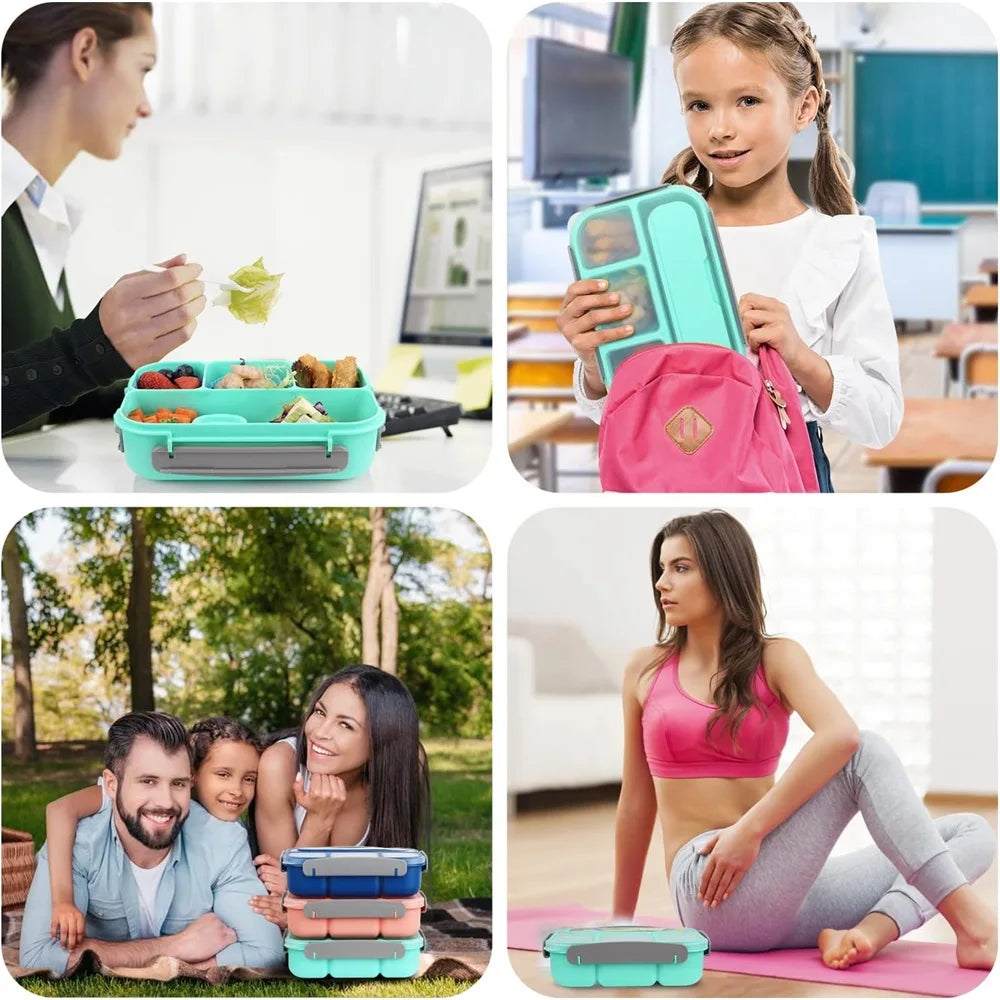 Eco-Friendly 1000ml Leakproof Bento Lunch Box | Microwave Safe with Spoon & Chopsticks | Food Grade PP | Thermal Insulation | 4 Compartment Design | Reusable Lunch Container