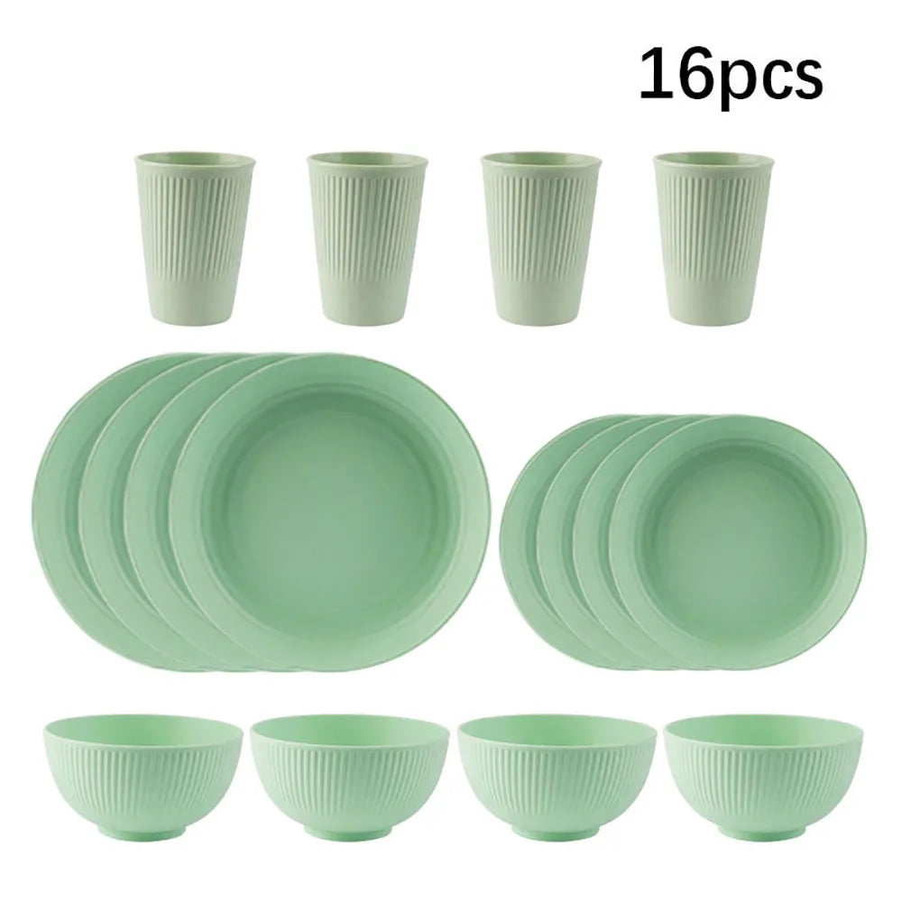 Grey Wheat Straw Dinnerware Set | Eco-Friendly 4Pcs/16Pcs Bowl, Cup, and Dish Set | Portable Tableware Kits for Home, Party, Picnic & Camping | Sustainable Dining